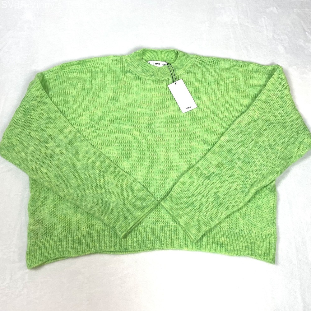 NWT Mango‎ Kiwi Lime Neon Green Cropped Knit Long Sleeve Lightweight Sweater 2X